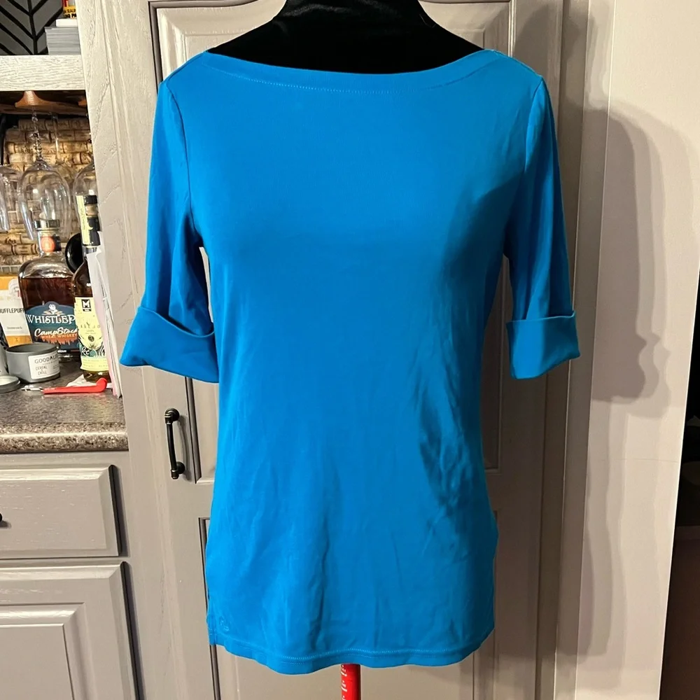 LAUREN Ralph Lauren Turquoise Boatneck Shirt with Elbow Length Sleeves